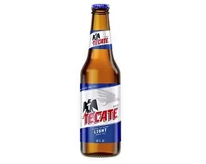 Tecate Light beer bottle, amber glass, blue-white label, blue cap.