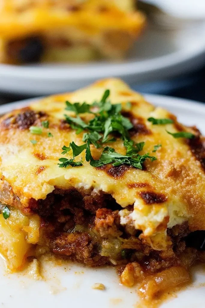 Layered baked dish with golden cheese crust, meat, and green herbs.