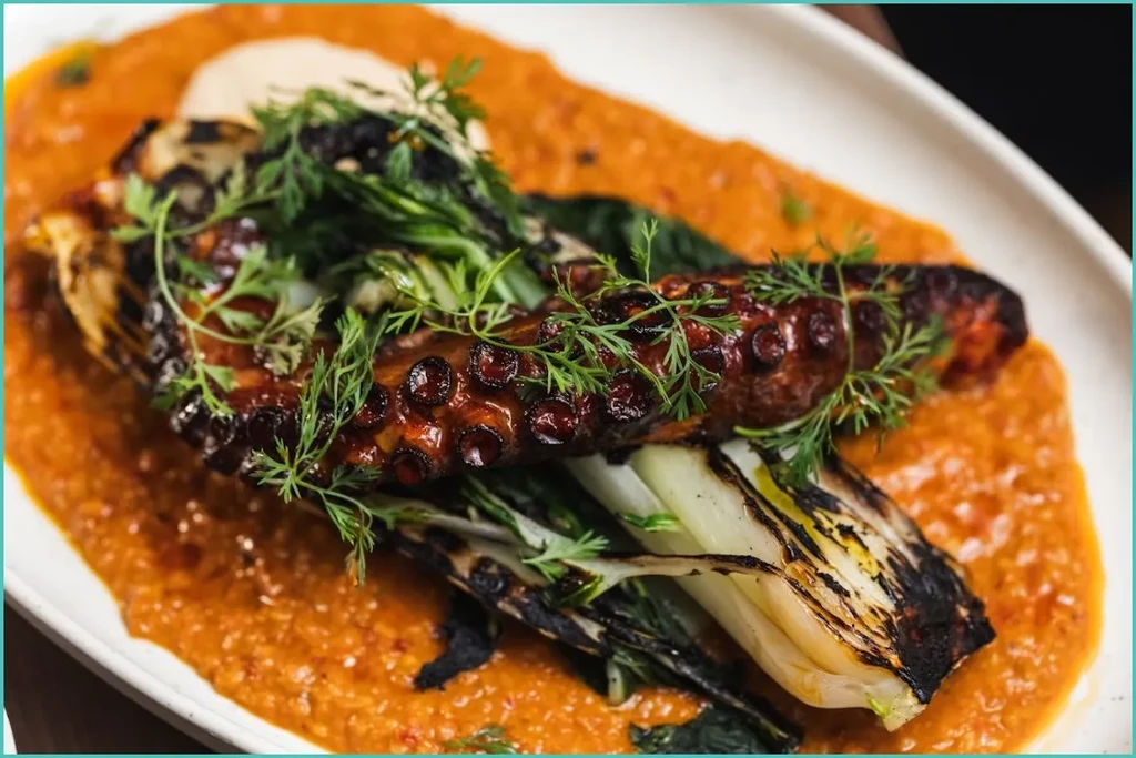Charred octopus tentacles and bok choy with an orange sauce on a white plate.