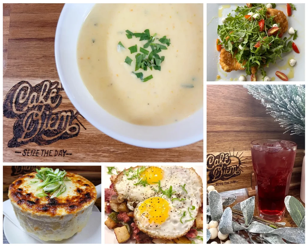 Collage of cream soup, salad, French onion soup, corned beef hash, and drink.