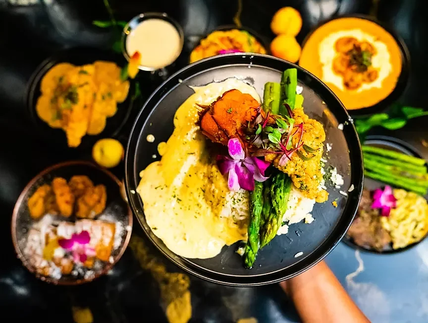 Fried lobster over rice with asparagus and cream sauce