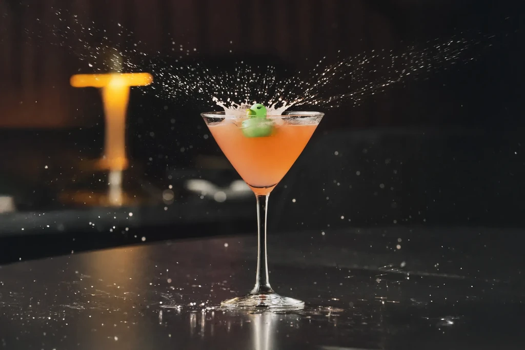 An orange cocktail in a martini glass with a splashing green garnish.
