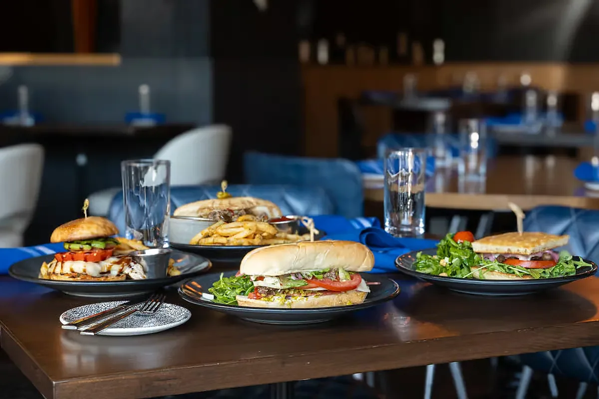 Sandwiches, burger and fries on dark plates in dining room