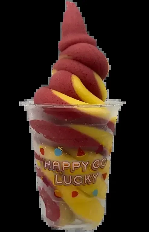Swirled red and yellow soft serve in clear branded cup