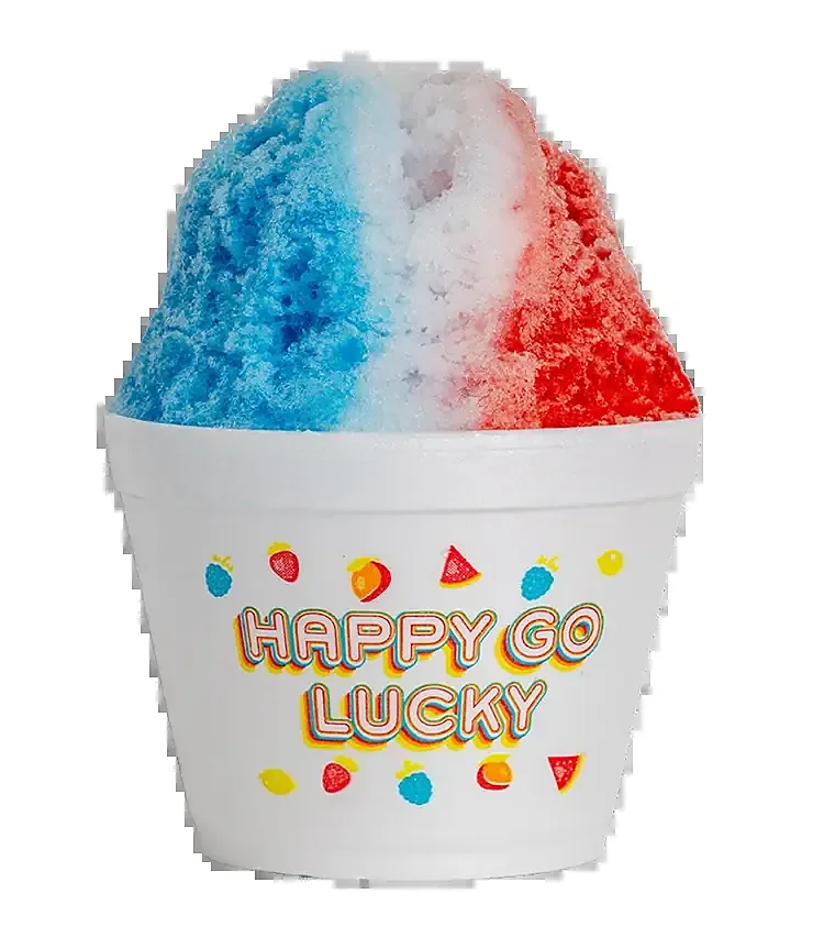 Blue, white and red layered Hawaiian shave ice in foam cup